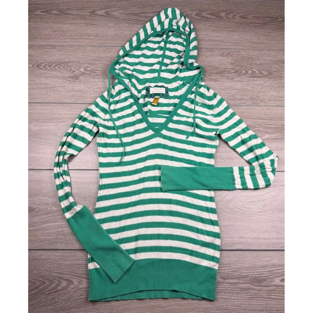 American Eagle Women Hoodie Sweater Striped V-Neck Knit Green White M
